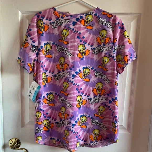 NWT Looney Tunes Tweety Bird Print V-Neck Scrub Top in Purple - Picture 7 of 7
